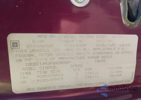 1993 Chevrolet Gmt-400 C1500 z USA, uszkodzony, nr VIN 1GCEC14K3PZ250529